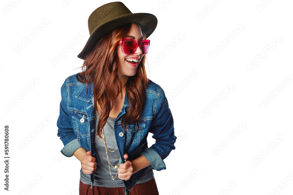 Gen z, fashion and sunglasses girl happy in trendy style with excited smile on an isolated and transparent png background. Happiness, youth and young fashionista model Gen z, fashion and sunglasses girl happy in trendy style with excited smile on an isolated and transparent png background. Happiness, youth and young fashionista model