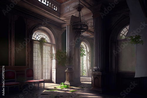 Abandoned manor interior room with ivy growing  Generative AI 