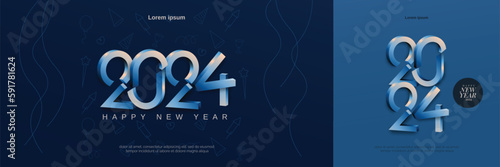 Happy new year 2024 with 3D number and elements on luxury blue background