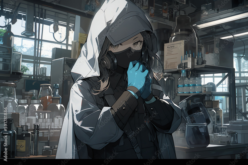 A masked person dressed as a scientist, anime style. generative AI