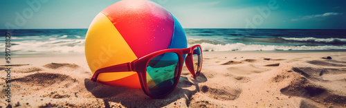 Tableau sur toile Empty Sandy Beach with Only a Beach Ball and Sunglasses  - Banner Format - Gener