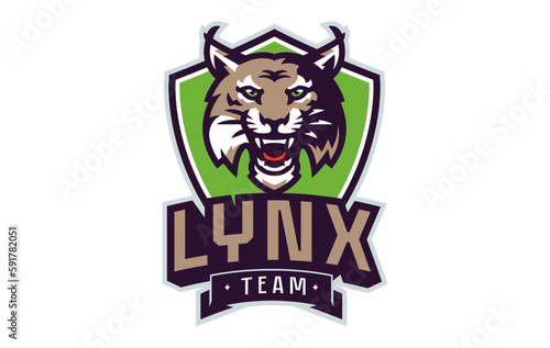 Wallpaper Mural Sports logo with lynx mascot. Colorful sport emblem with lynx, bobcat mascot and bold font on shield background. Logo for esport team, athletic club, college team. Isolated vector illustration Torontodigital.ca