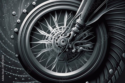 monochrome image featuring the tire and wheel of a motorcycle. Generative AI