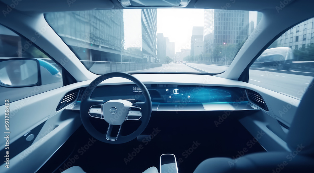 Inside the autonomous car driving through the city. Futuristic technology. Generative AI Inside the autonomous car driving through the city. Futuristic technology. Generative AI