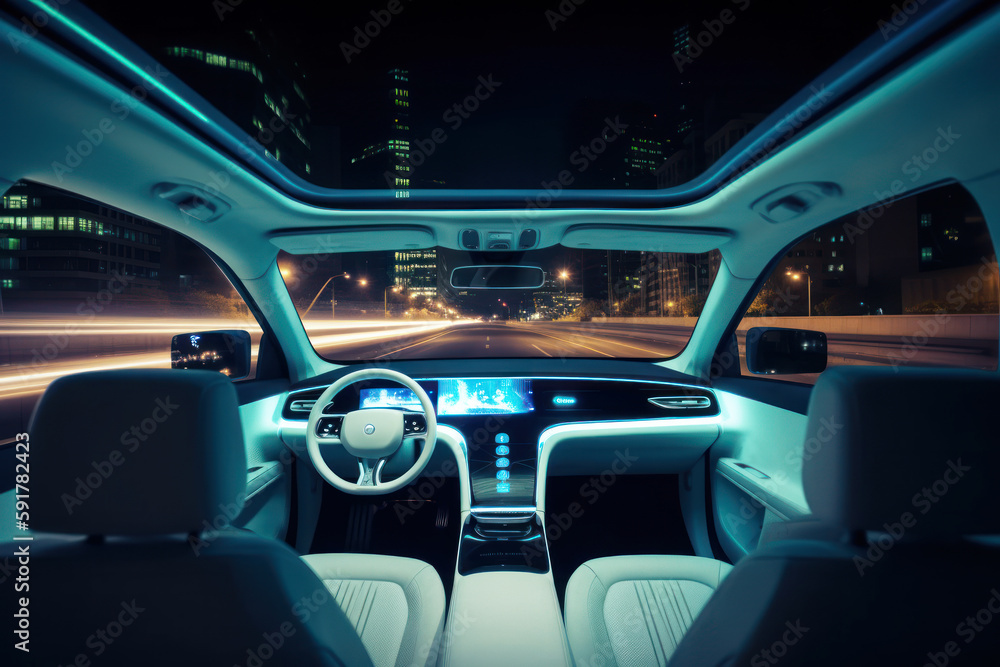 Driving autonomous car in the city with view from the inside. Generative AI Driving autonomous car in the city with view from the inside. Generative AI