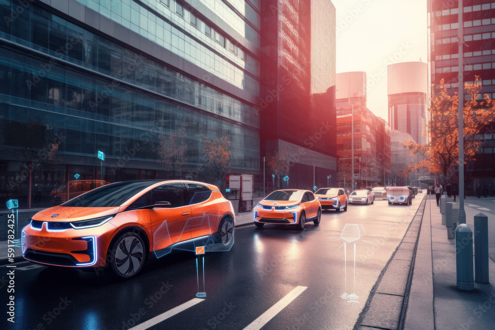 Self-driving cars in city traffic. Futuristic concept of autonomous transportation. Generative AI