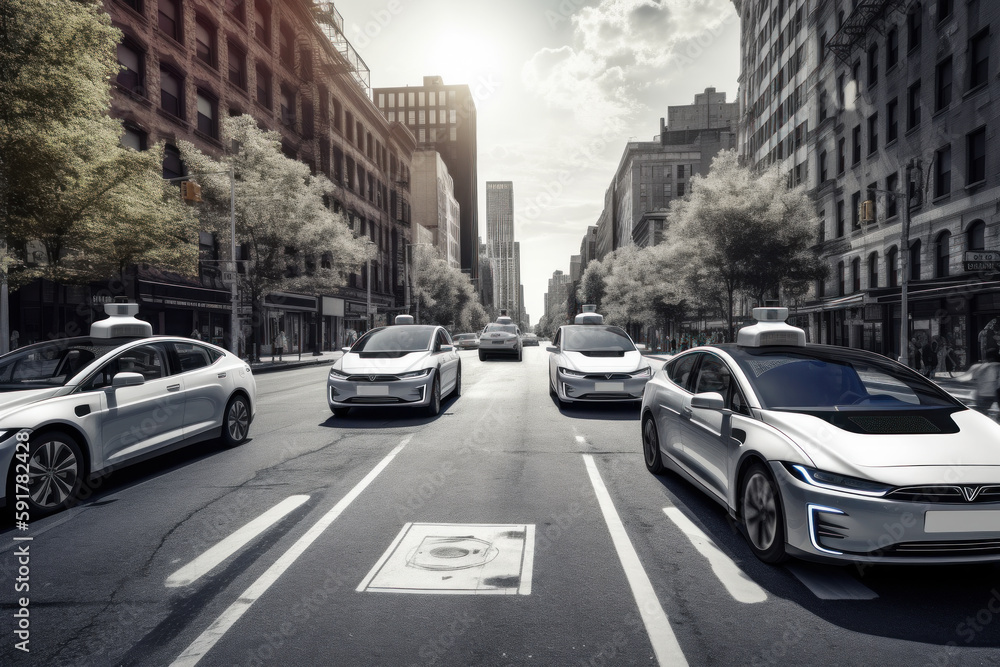 Self-driving cars in city traffic. Futuristic concept of autonomous transportation. Generative AI Self-driving cars in city traffic. Futuristic concept of autonomous transportation. Generative AI