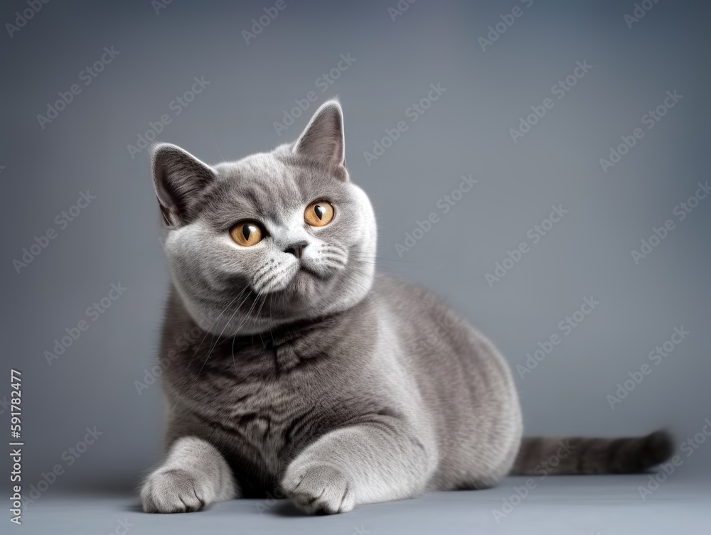 Cute British Shorthair cat kitten portrait on gray background in studio. Generative AI