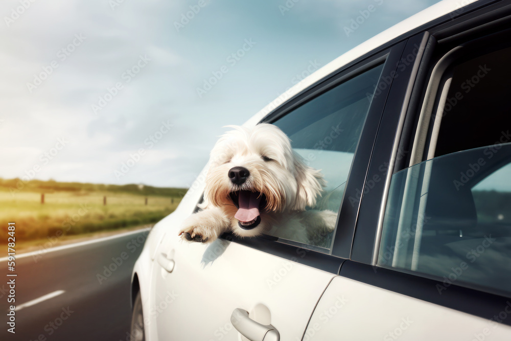 Happy dog with head out of the window in vintage camper car driving on scenic summer landscape. Generative AI Happy dog with head out of the window in vintage camper car driving on scenic summer landscape. Generative AI