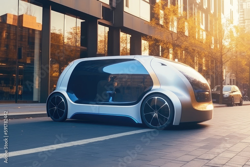 Futuristic self-driving car on city roads. Generative AI