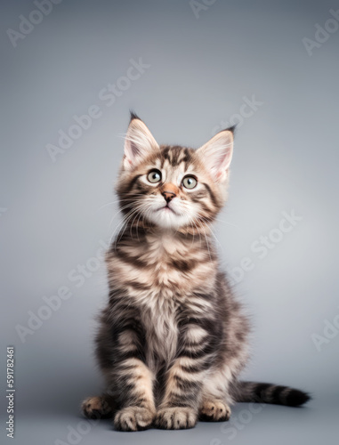 Cute cat, a Maine Coon kitten posing in a studio on gray background. Generative AI