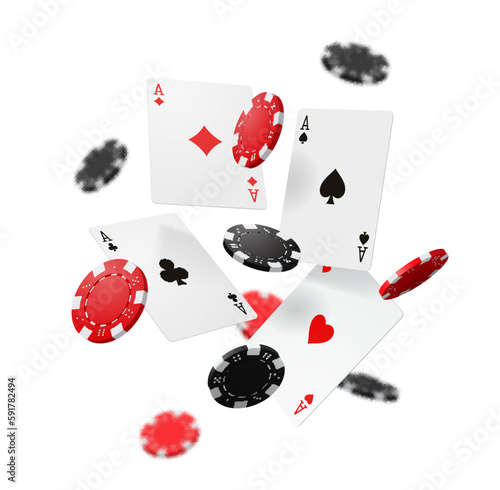 Flying casino gambling poker cards and chips. Vector 3d playing cards, realistic aces of black spades and clubs, red hearts and diamonds with plastic gaming chips, gambling and casino themes