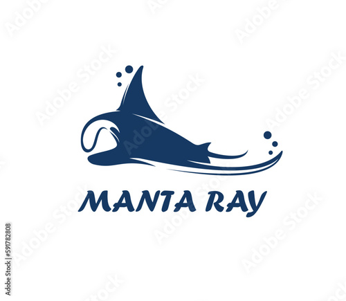Manta ray animal icon with stingray or cramp fish vector silhouette. Sea and ocean underwater devil or ray animal swimming with blue water bubbles isolated sign of marine wildlife or aquarium