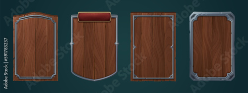 Cartoon set of medieval wooden signboards ornated with iron frame isolated on background. Vector illustration of blank rustic banner with natural oak texture. Old pub menu, game avatar border design
