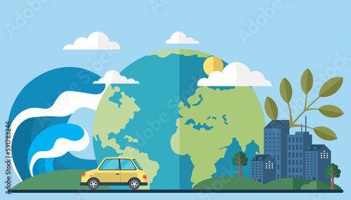 Tsunami with big waves over planet. Rising water levels on Earth lead to tsunami. Huge wave heading towards globe. Catastrophe, cataclysm. Flood, avalanche, hurricane. Climate change. Global warming
