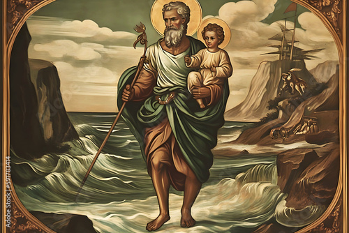 Saint Christopher, painting illustration. Generative Ai. St Christopher. photo