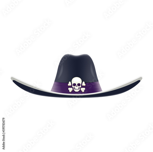 Cartoon pirate captain cocked hat. Caribbean buccaneer classic headgear, filibuster sailor costume element or privateer cocked headwear. Corsair captain hat with Jolly Roger skull and crossed bones