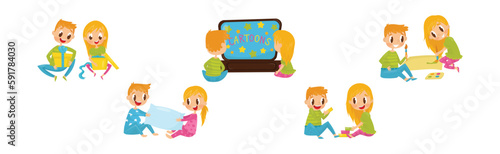 Little Boy and Girl Spending Time Together Vector Illustration Set