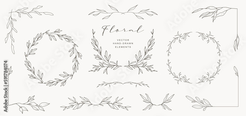 Hand drawn floral frames, wreaths, borders, dividers, corners with flowers and leaves. Trendy greenery elements in line art style. Vector for label, corporate identity, wedding invitation, card