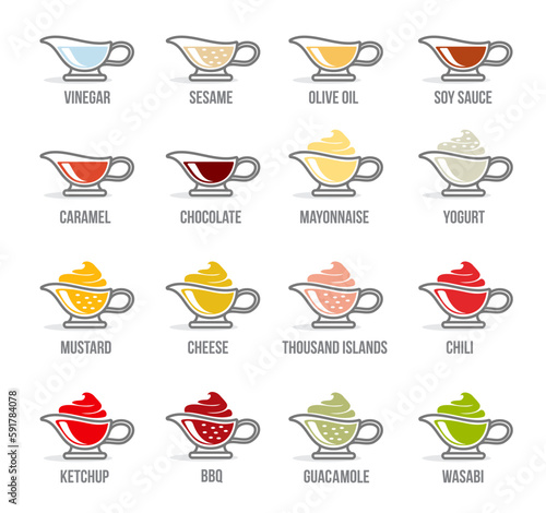 Sauce vector icons of restaurant menu. Meal spicy, sweet and sour condiment, restaurant menu seasoning gravy boat. Vinegar, caramel, chocolate, mayonnaise and mustard, cheese, guacamole sauce icon