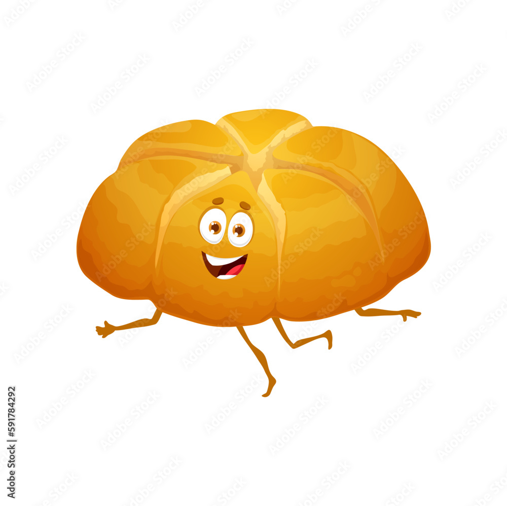 Obraz premium Cartoon Australian damper bread character, bakery funny food with face and smile. Wheat or rye Australian damper bread loaf with happy emoji eyes, emoticon and kids menu comic personage