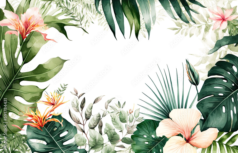 Fototapeta premium Tropical leaves, flowers and exotic jungle plants with space for text. Generative AI