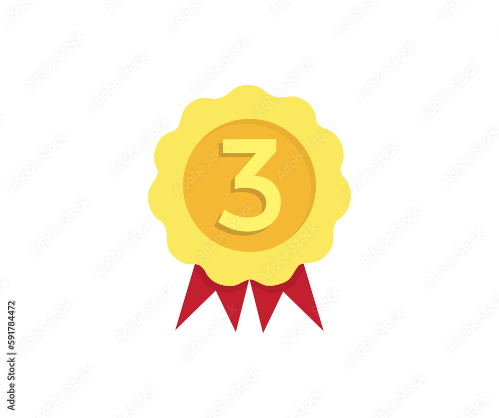 3rd or number three on modern golden rosette award logo design. Modern rosette star with shadow and three image clipart seal stamp, 3 icon badge vector design and illustration.
