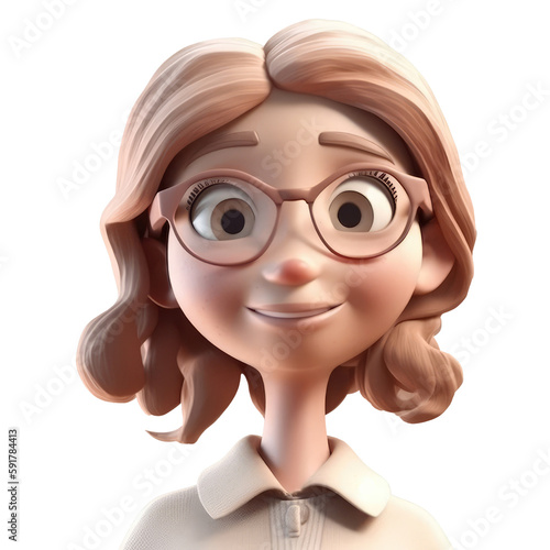 3D icon avatar brown-haired woman illustration of smiling happy girl. Cartoon close up portrait of standing girl on isolated on transparent png background. Generative ai