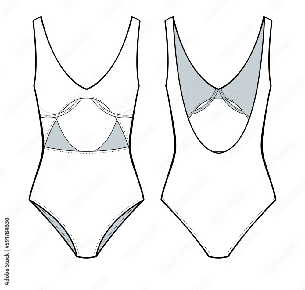 Cut-out One Piece Swimsuit fashion drawing template. with a V-neck ...