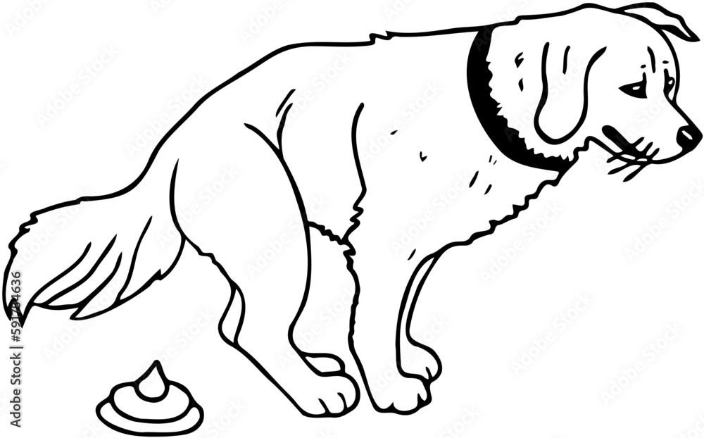 Fototapeta premium Illustration von einem Hund, der einen Haufen macht. Outline Vektor zeigt kauernden Hund und Hundekot.