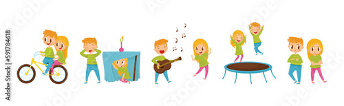 Little Boy and Girl Spending Time Together Vector Illustration Set