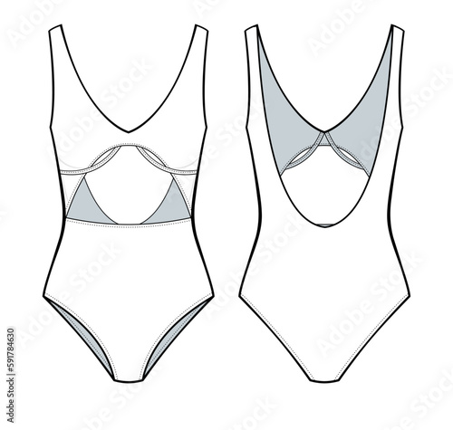 Cut-out One Piece Swimsuit fashion drawing template. with a V-neck neckline, and low back. Swimsuit fashion flat illustration. front view, back view, white color, mockup.