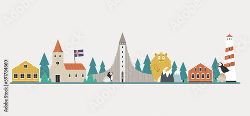 Vector colorful design, banner with icons, famous symbols of Iceland.