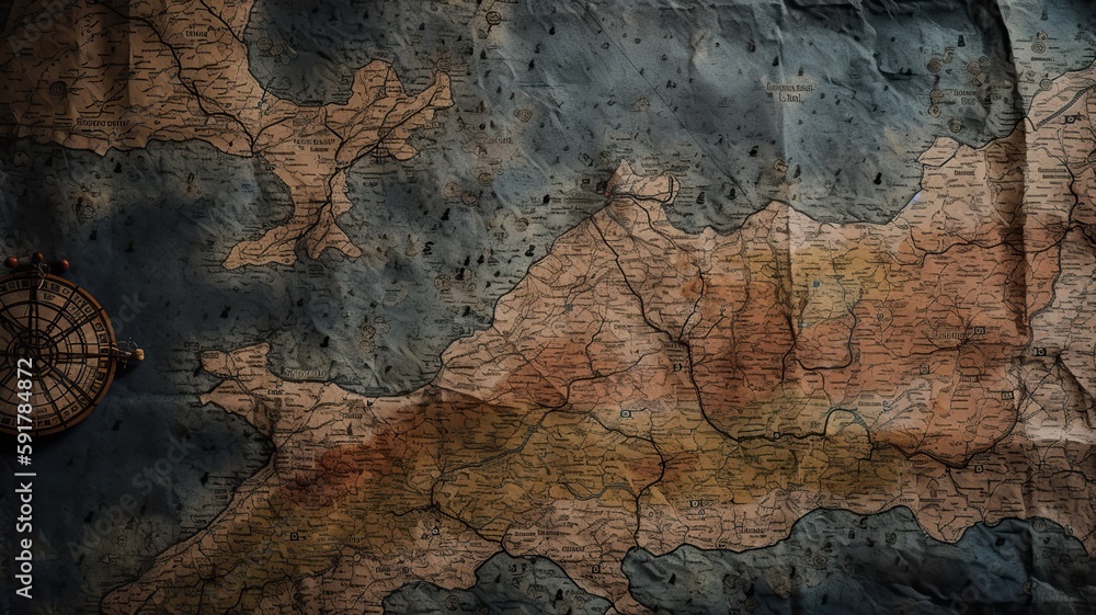 Generative AI. Old vintage retro map fantasy inspiration. Can be used for decor background. Graphic Art Illustration.