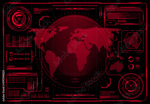 HUD UI, futuristic user interface and infographics with danger, warning alert signs, vector screen controls. HUD digital technology or cyber game dashboard with red radar and controls on world map
