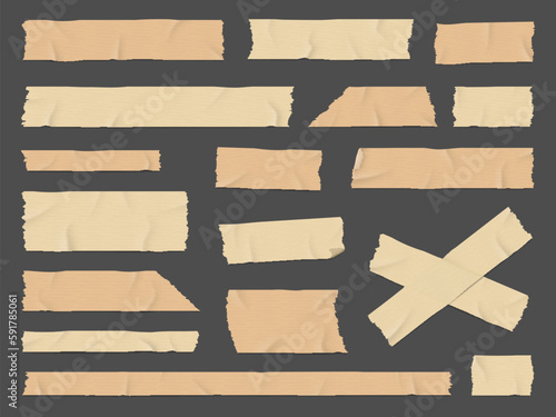 Adhesive duct tape crumpled stripes and sticky paper strips, isolated vector. Torn adhesive duct tape or masking band stickers and glued band patches, realistic pieces of crumpled paper scotch stripes