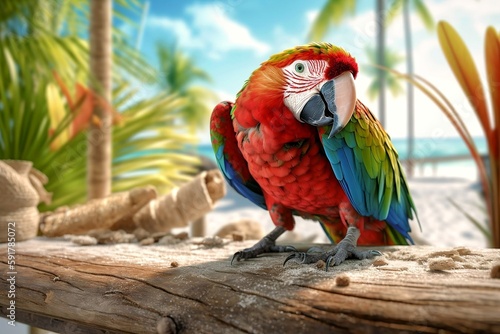 Colorful parrot sitting on Caribbean beach