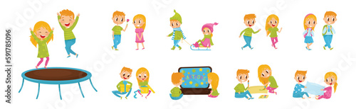 Little Boy and Girl Spending Time Together Vector Illustration Set