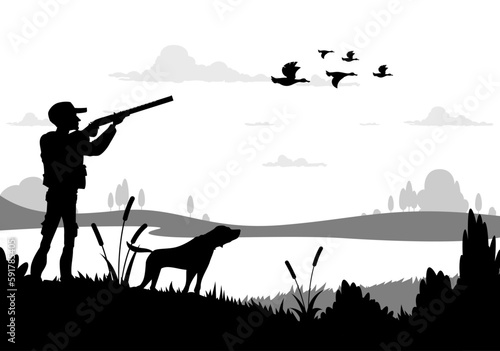 Hunting silhouette, hunter with shotgun, dog, duck flock and pond landscape, vector background. Hunt open season poster with silhouette of hunter with rifle aiming and shooting to flying ducks flock