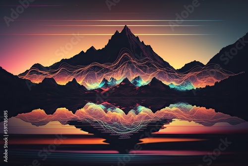 Generative AI. Syntwave Mountains. Future Adventure Exploration. Can be used for decoration. Illustration in cyberpunk style.