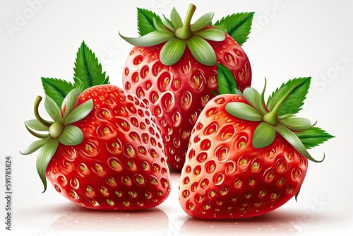 three ripe strawberries with fresh green leaves on a plain white background. Generative AI