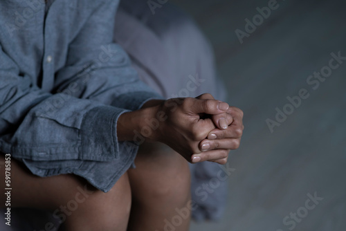 Obraz na plátně Female hands showing stress, young woman feeling sad tired and worried suffering