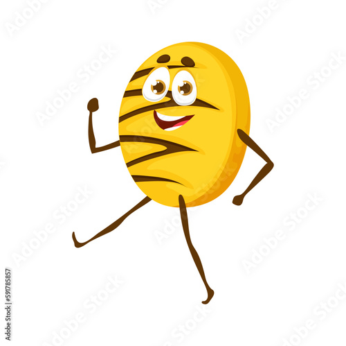 Funny cookie character, cartoon vector walking bakery dessert personage with chocolate decor and face for kids menu. Isolated round shortbread freshly baked pastry, kawaii bake house production