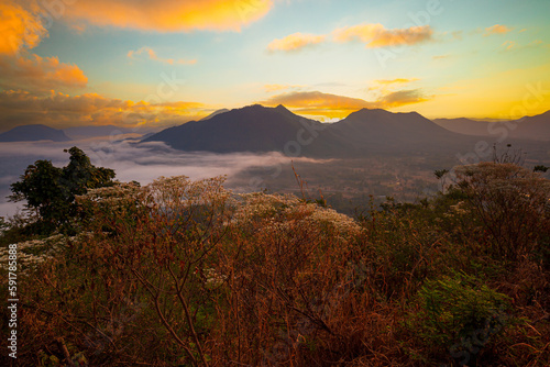 Beautiful mountain and sky scenery Mountain valley during sunrise. Natural summer landscape 