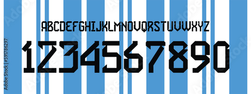 font vector team 2022 kit sport style font. football style font with lines and points inside. messi. argentina font world cup. sports style letters and numbers for soccer team.