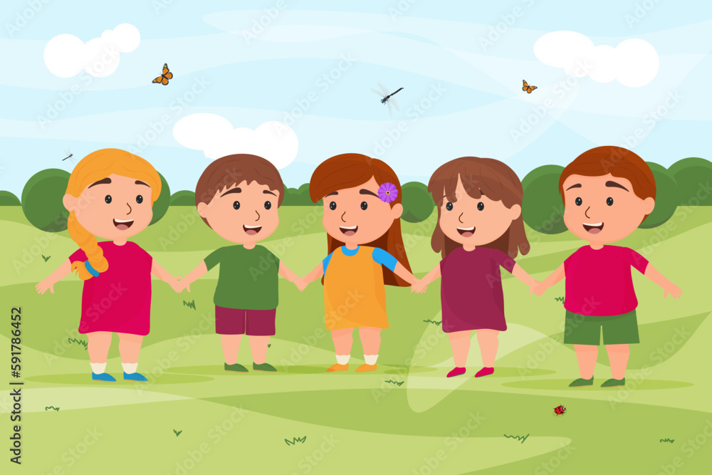 cartoon cute kids playing in nature. Summer or spring landscape. Vector illustration