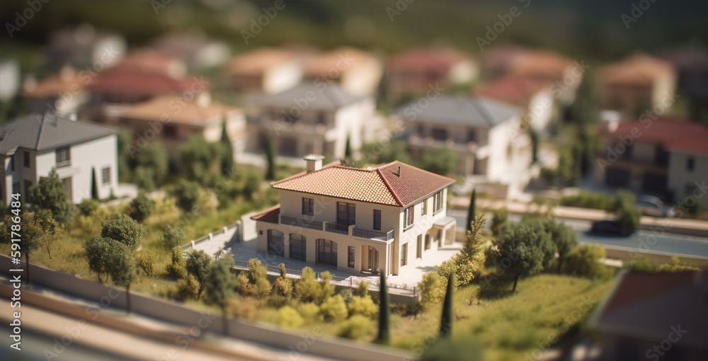 modern generic contemporary style miniature model of townhouse neighborhood with tilt-shift focus technique, Generative ai