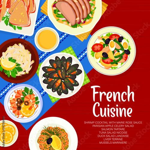 French cuisine menu cover, vector France meals shrimp cocktail with marie rose sauce, tuna salad nicoise, parisian apple celery salad. Salmon tartare, liver terrine, mussels mariniere or duck landaise
