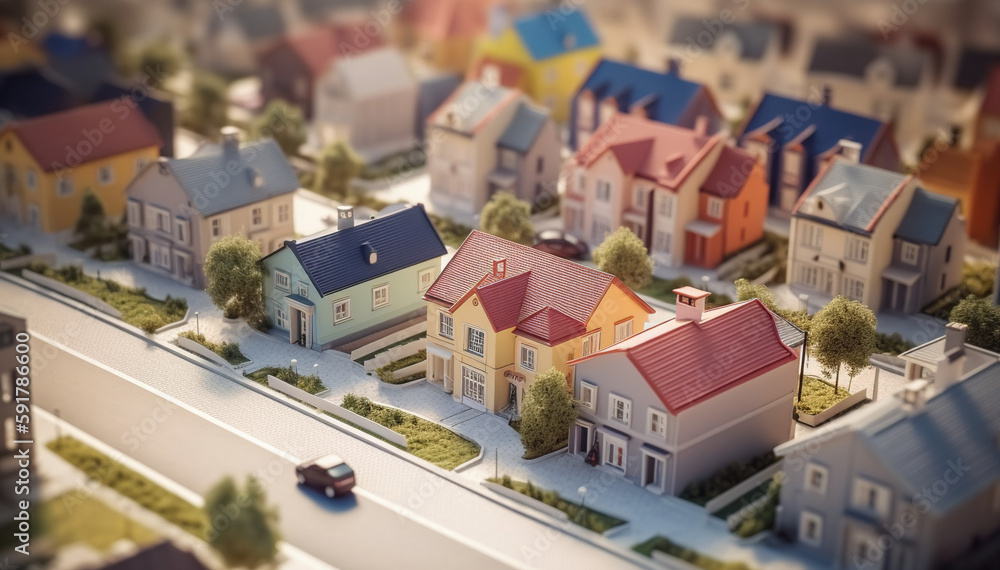 modern generic suburb style miniature model of houses neighborhood with tilt-shift focus technique - mixed 3D with manual matte painting digital image, Generative AI