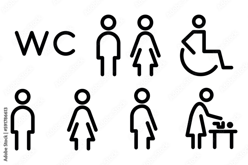Toilet line icon set. WC sign. Men,women,mother with baby and handicap